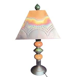 Artisan Studio Pottery Table Lamp Copper Heat Patina Punched Shade 31.5" Tall
